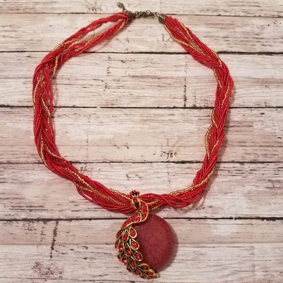 Red beaded necklace with rhinestone peacock charm - Picture 2 of 8